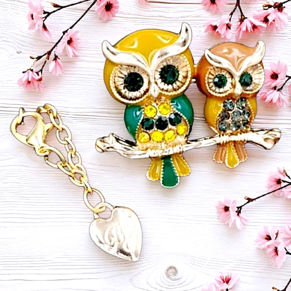 Silver Plated yellow Orange green black crystal Mom And Baby Owl necklace/brooch